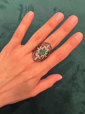Vintage-Inspired Green Marquise Gem & Crystal Filigree Ring Size 9